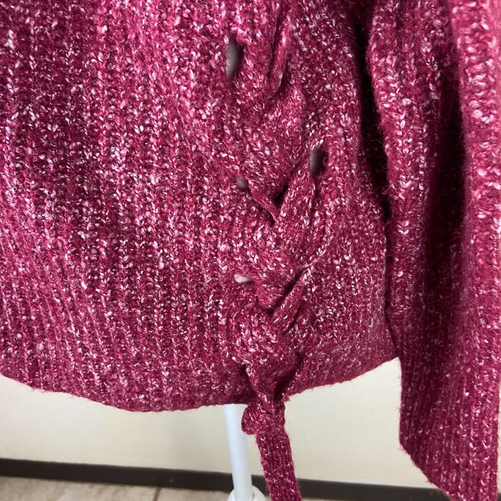 John + Jenn Marled Chunky Knit Sweater Size M Cranberry Burgundy Lace Up Sides - Picture 3 of 9